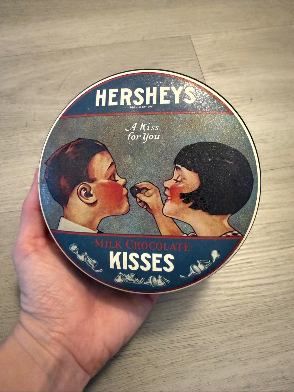 Vintage Hershey's Milk Chocolate Kisses Round Advertising Tin 1982 Blue Red